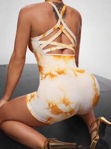 Menodora SHEIN Sport Menodora SHEIN Sport Macaquinho Tie Dye Mulheres com Cruzamento das Costas para Atividades Diárias, Fitness e Esportes - Laranja - Visão 4