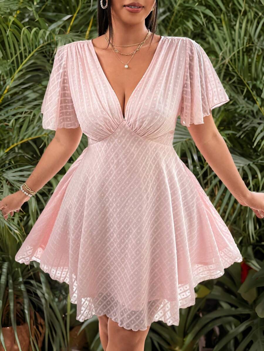 Flirla Plus Size Women's Vacation & Elegant White Ruffle Sleeve V-Neck Dress - Pink - View 1