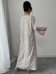 Yasmyna 女式编织印花 V 领撞色饰边袖开衩宽松阿拉伯风格长裙 - 彩色 - 查看 2