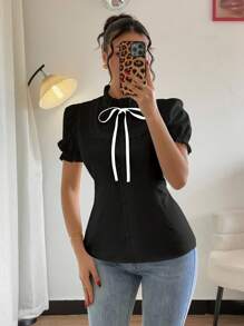 Chiquease Ruffled Cuff Elastic Hem Bowknot Blouse - Black - View 4