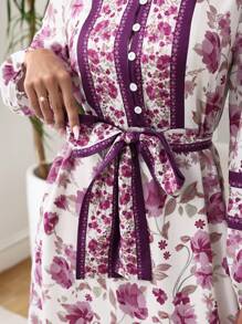 SHEIN Lacomfia Vestido midi con estampado de estación primavera/verano, cuello de camisa, de una sola hilera de botones, y cintura con cinturón