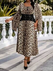 SHEIN Lady Elegant Brown Leopard Print Midi Dress For Women, Plus Size Autumn Outfits, Vintage Square Neck Flared Split Sleeve Corset Dress, Church Clothes - Multicolor - View 5