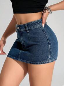 SHEIN PETITE 女士休闲百搭牛仔迷你裙 - 深色水洗藍 - 查看 6