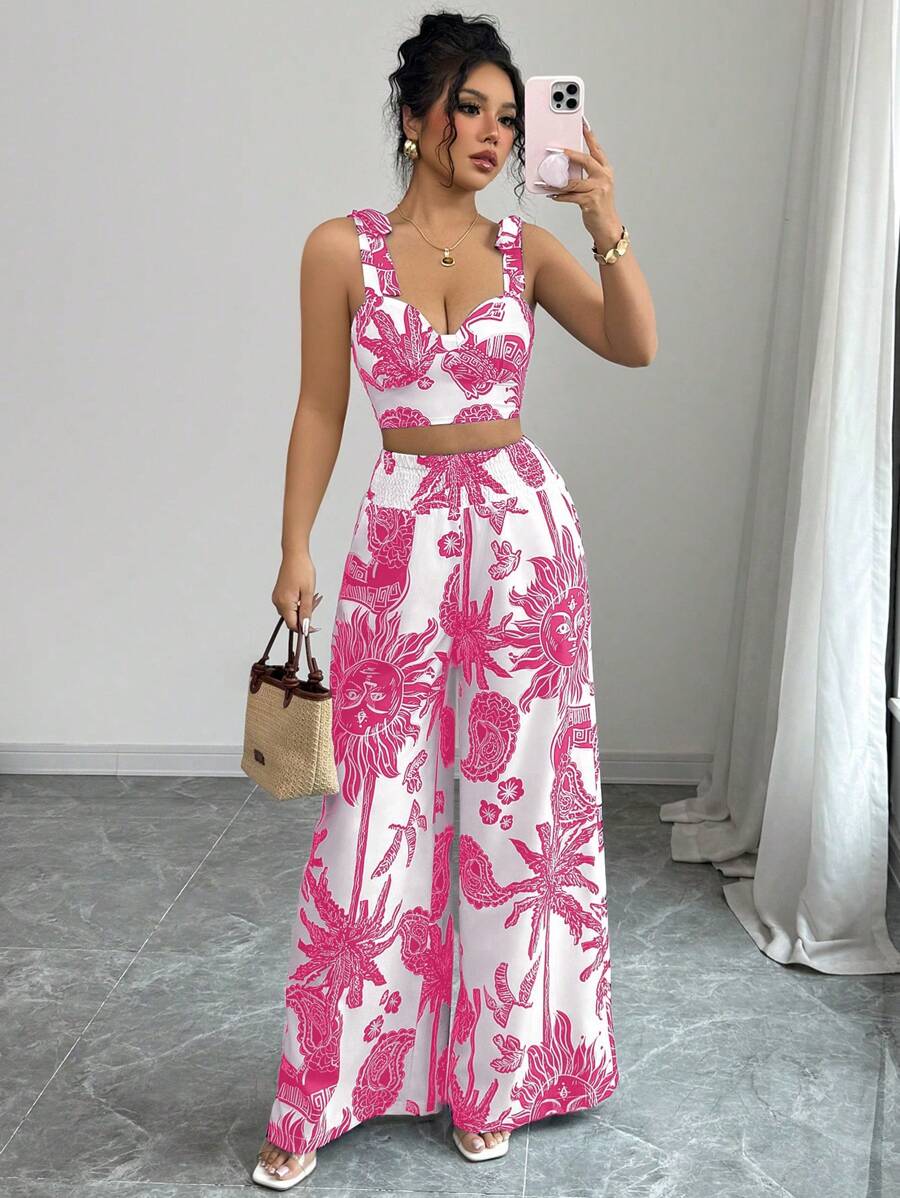 Elenzga Bohemian Blue & White Print Strap Tie Front Crop Top And Straight Leg Long Pants 2 Pieces Set, Holiday Style - Hot Pink - View 1