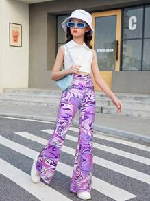 SHEIN Tween Girls' Stretchy Flare Knit Casual Pants, Sports & Street Style - Purple - View 3