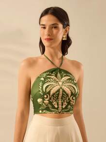 CAJUNI Women's Boho Coconut Tree & Crescent Moon Print Casual Holiday Summer Beach Halter Neck Ultra Cropped Top - Green - View 3