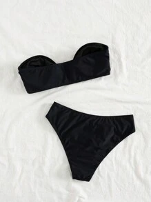 Swim SXY 女士海滩夏季服装，纯色性感防晒配饰抹胸比基尼套装 - 黑色 - 查看 3