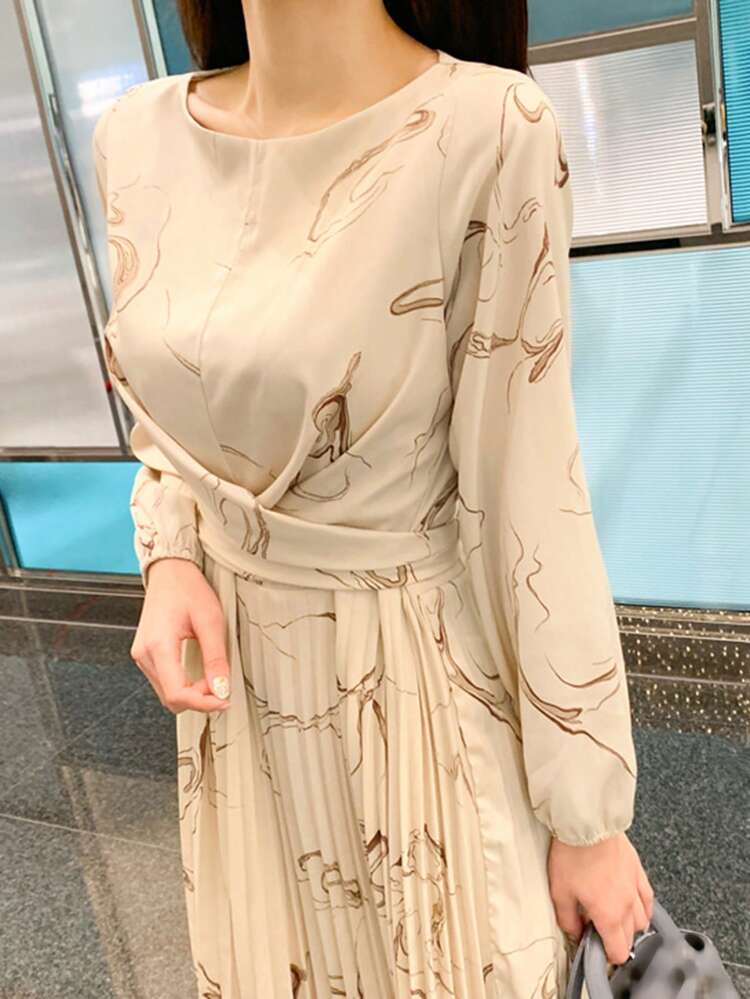 Midi High Waist Printed Pleated Dress For Women Elegant,Fall Clothes Long Sleeve Dress