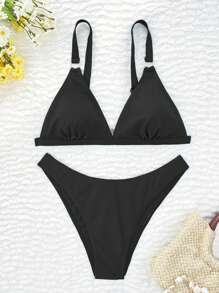 SHEIN Swim 2026春夏女士可调节肩带银色环扣V领黑色侧高衩泳裤度假比基尼泳衣两件套 - 黑色 - 查看 2