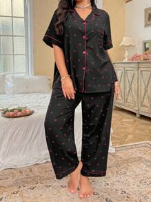 FloralLove Plus Size Women Cherry Printed Loose And Comfortable Women's Top & Pants Pajama Set, Home Wear Set For Spring, Bountiful Floral Splendor  Cozy And Elegant Details - Black - View 6