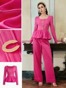 ZEYLAH BLUS LENGAN PANJANG WANITA DENGAN KANCING DEPAN DAN MODEL PEPLUM - Hot Pink - View 8