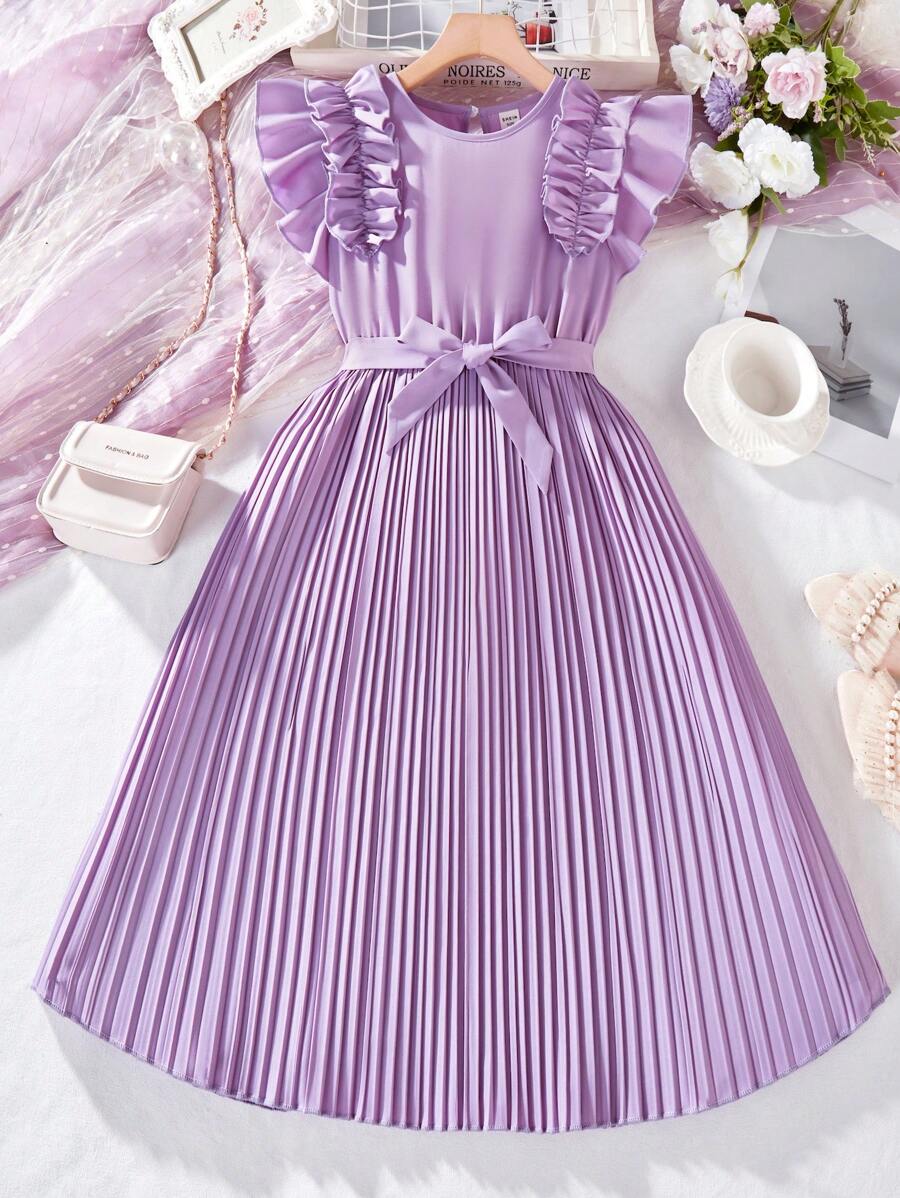 Tween Girl Ruffled Double Layer Puff Sleeve & Pleated Hem Dress - Purple - View 1