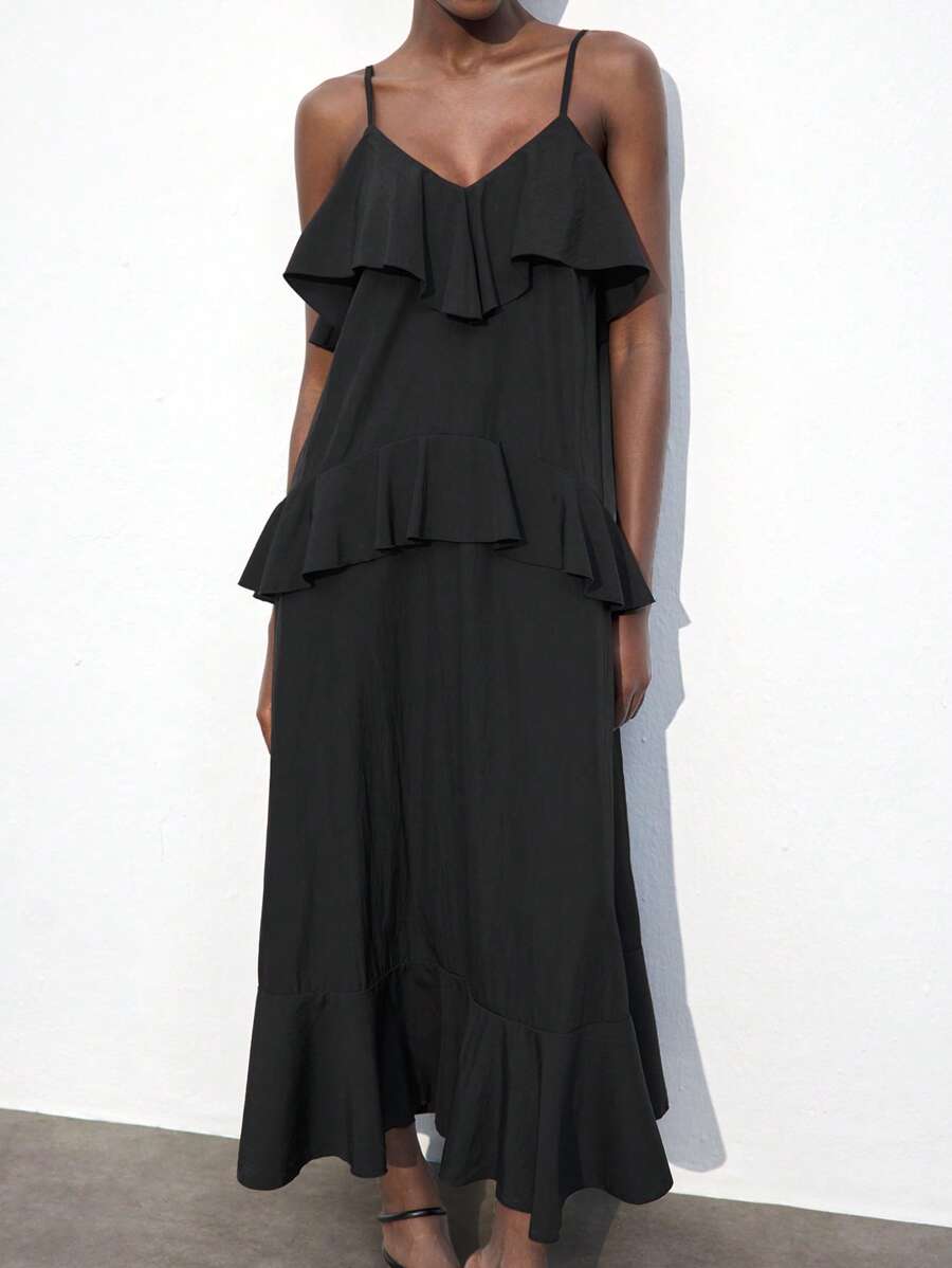 Maija Đầm suông không tay viền bèo nhún màu trơn đơn giản cho nữ - màu đen - Xem 1