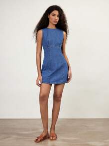 Maija 女士蓝色牛仔无袖圆领修身迷你连衣裙 - 中等水洗藍 - 查看 8