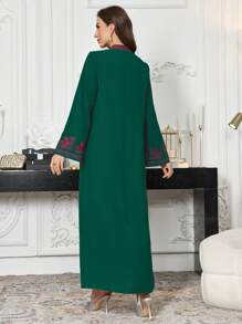 Al Najma Women's Floral Embroidered V-Neck Abaya Robe Long Sleeve, Modest Kaftan - Dark Green - View 3