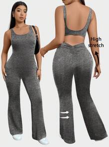 SHEIN Privé Große Größen Lässig Sport Yoga Sommer einfarbige Hose mit Ausschnitten, enger Romper Jumpsuit - Grau - Übersicht 1