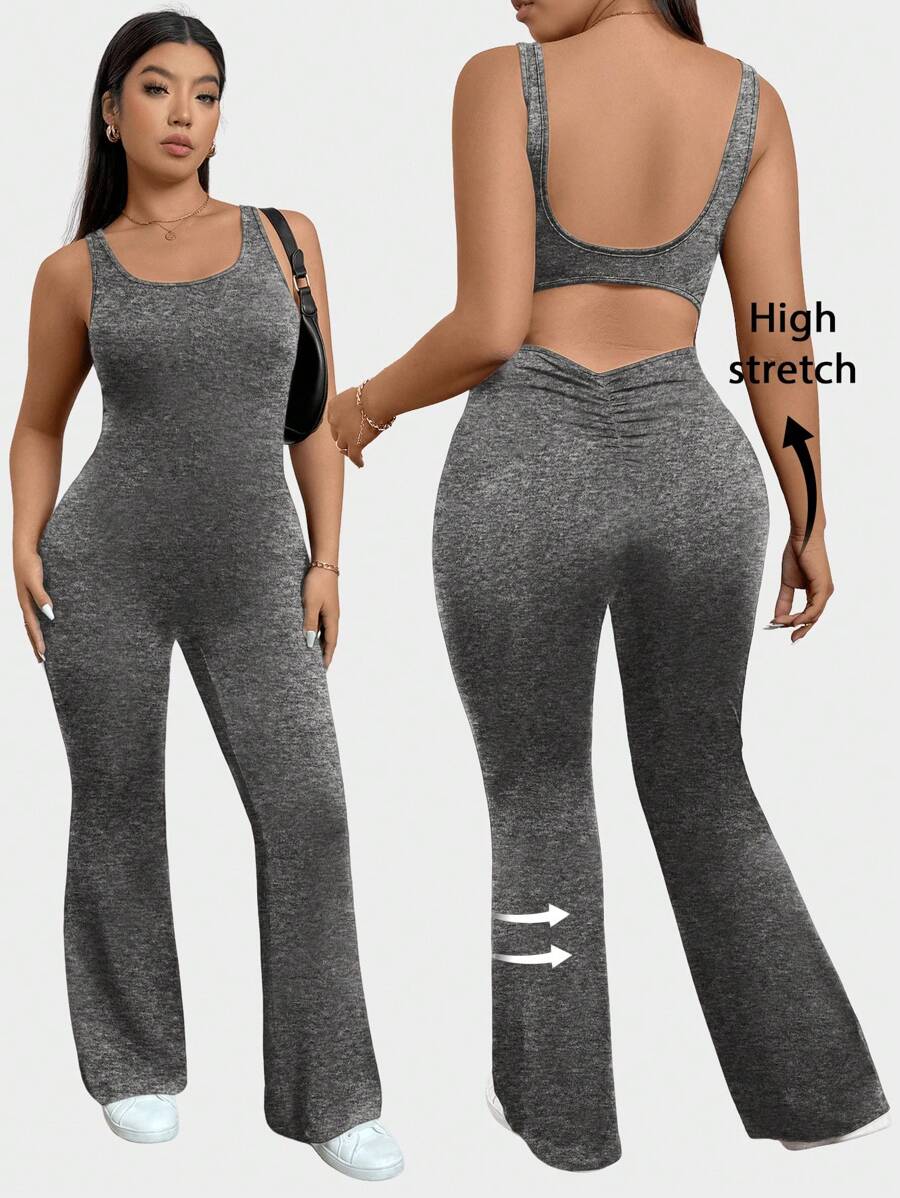 SHEIN Privé Große Größen Lässig Sport Yoga Sommer einfarbige Hose mit Ausschnitten, enger Romper Jumpsuit - Grau - Übersicht 1