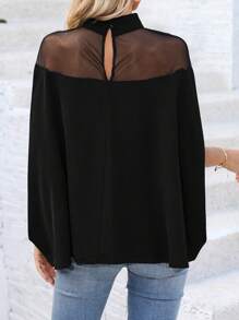 EMERY ROSE 立领透明肩袖斗篷衬衫，短袖上衣 - 黑色 - 查看 2