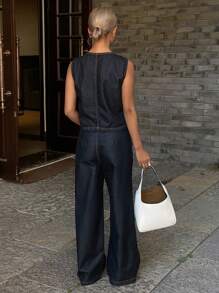 DAZY Women Denim Vest And Pocket Decorated Wide Leg Denim Pants Set - Black - View 4