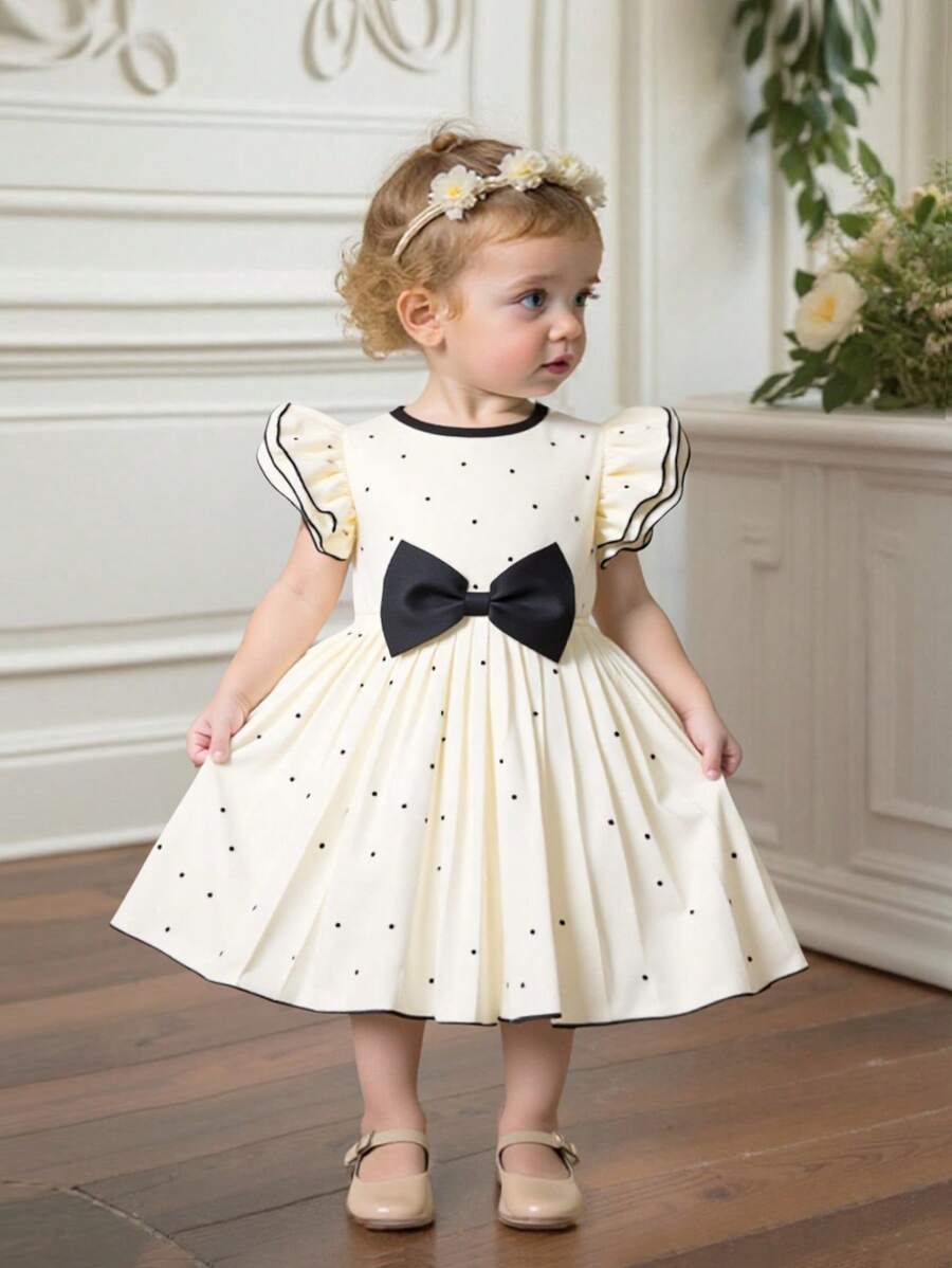Toddler Girls' Fashion Simple Dress, Black Polka Dot Print On Apricot Base, Exquisite Pleated Craft, Classic Black Accents Ruffle Sleeves, A-Line Loose Fit, Versatile Daily Style, Sweet & Cute Yet Elegant - Apricot - View 1