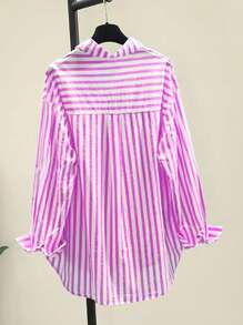INAWLY Women's Casual Striped Print Long Sleeve Chest Pocket Shirt, Autumn &Winter Fall Cloth For Women - Mauve Purple - View 2