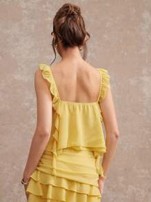 L'Amorae Women's Yellow Summer Seductive Vacation Elegant Chiffon Sweetheart Neck Ruffle Front Split Top, Wedding Guest Crop Tank Tops - Yellow - View 2