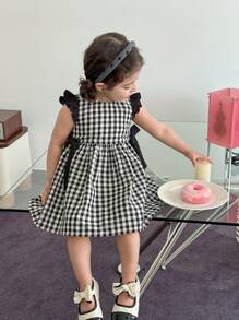 SHEIN LMoss Kids 女婴夏季可爱黑白格子蝴蝶结装饰连衣裙