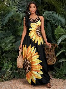 SHEIN Lady 女士度假向日葵印花口袋休闲吊带连衣裙 - 彩色 - 查看 6