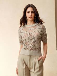 Anewsta 女款秋季花卉网眼圆领短袖针织上衣 女款春季 - 杏色 - 查看 5