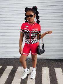 Tween Girls' Red Letter & Checkerboard Print Tight Fitting Jumpsuit Shorts - Red - View 3