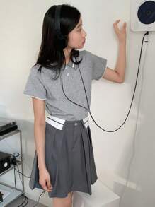 DAZY 2 件套女童撞色短袖上衣和百褶裙，女童夏季服装，返校服装 - 灰色 - 查看 1