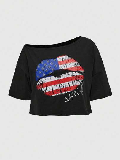 Grunge Punk Camiseta holgada de mujer con estampado de bandera de EE. UU. de cristal en estilo de festival de música callejera vintage y hombro asimétrico