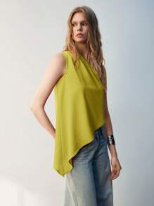 Maija Blusa casual de verano para mujer de color verde salvia con volantes asimétricos sin mangas, apta para la oficina y el casual, ideal para otoño, Navidad, Día de San Patricio, Pascua, fiestas, vacaciones de verano, salidas y graduación - Mostaza Amarilla - Ver 2