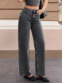 Cottnline 100%Cotton Solid Straight Leg Slant Pocket Casual Jeans - Grey - View 5