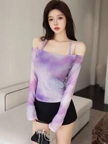 Modelyn Women's Long Sleeve Halter Neck Tie Shoulder Print Top - Purple - View 6
