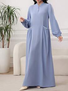 Al Najma 女士拉链长袖时尚口袋温柔优雅阿拉伯风格连衣裙，休闲运动风，适合日常休闲/工作/返校，超长阿拉伯连衣裙，端庄 - 藍色 - 查看 2