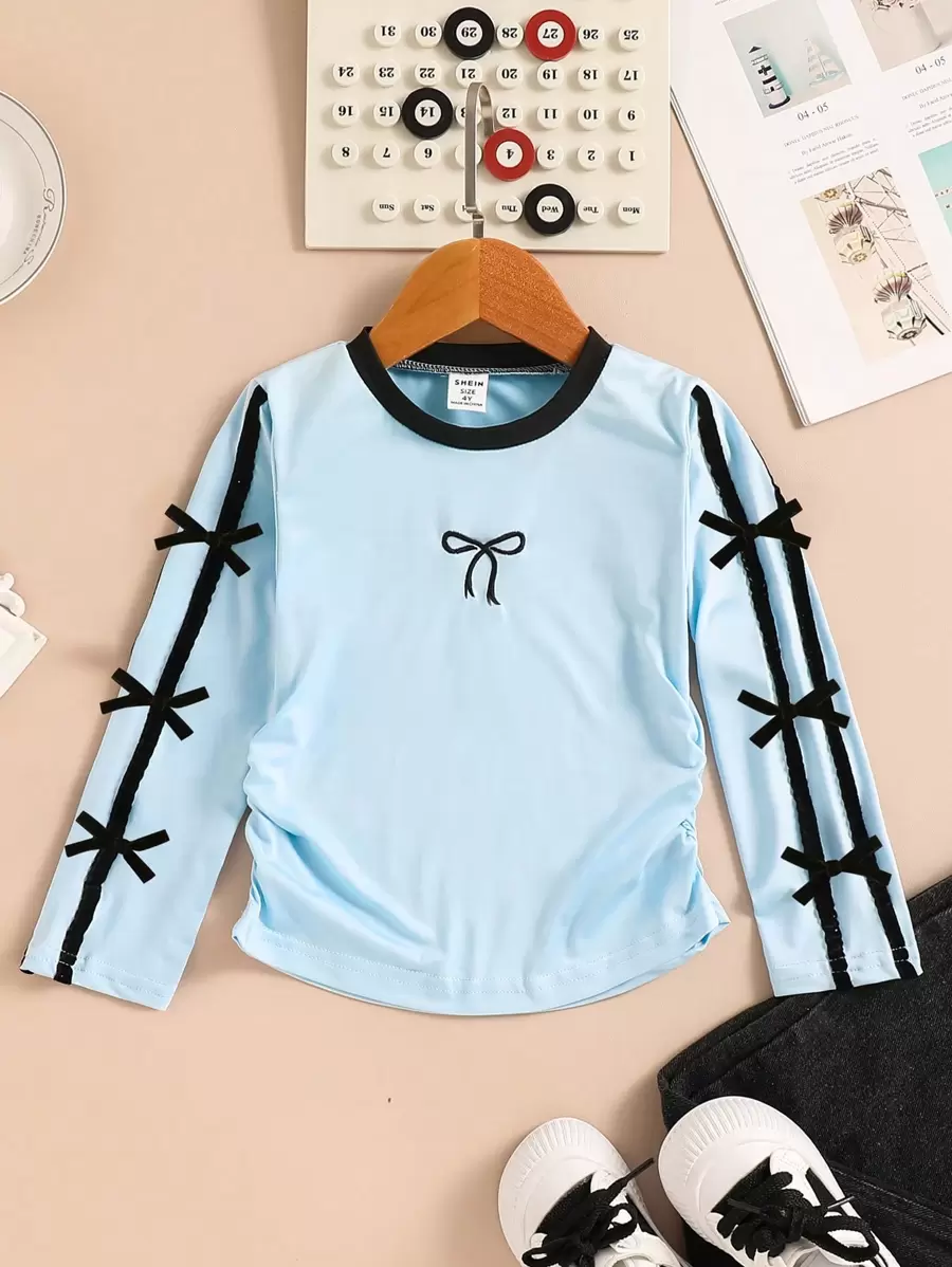Girls Spring Fashionable Cute Butterfly Embroidered Long Sleeve Top With Decorative Ribbon Bow & Side Shirring - Blue - View 1