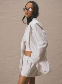 MUSERA Oversized Striped Linen Faux Pocket Detail Blazer Only Spring Summer Cute Vacation Elegant Business Casual Graduation Prom Wedding Guest Birthday Old Money Work - Multicolor - View 4