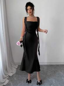 Elenzga 25 浪漫优雅水母蝴蝶结紧身网眼拼接鱼尾连衣裙，修身修身，春夏