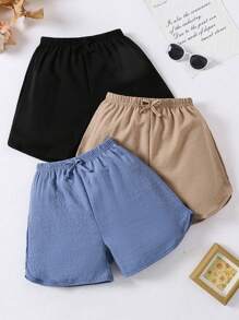 3pcs Tween Girl Casual Loose Textured Bubble Fabric Arc Hem Multi-Color Shorts