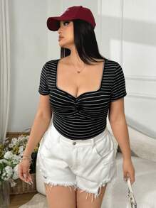 CovetEZ Plus Size Black Textured Bodysuit, Simple Striped Stylish Bodysuit For Summer - Black - View 3