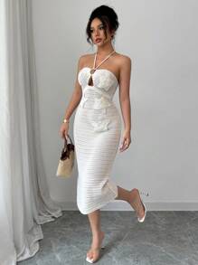 Chiquease New Sexy Fitted Boho Vacation Beach Backless Hollow Halter Lace-Up Women Sweater Dress, Suitable For Spring/Summer