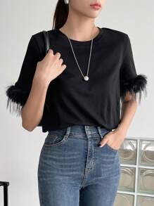 DAZY Camiseta de cuello redondo con puños de felpa, estilo preppy - Negro - Ver 7