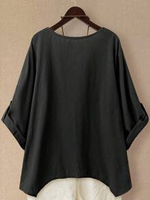 EMERY ROSE Women's Linen Asymmetric Hem Long Sleeve Shirt, Spring/Summer
