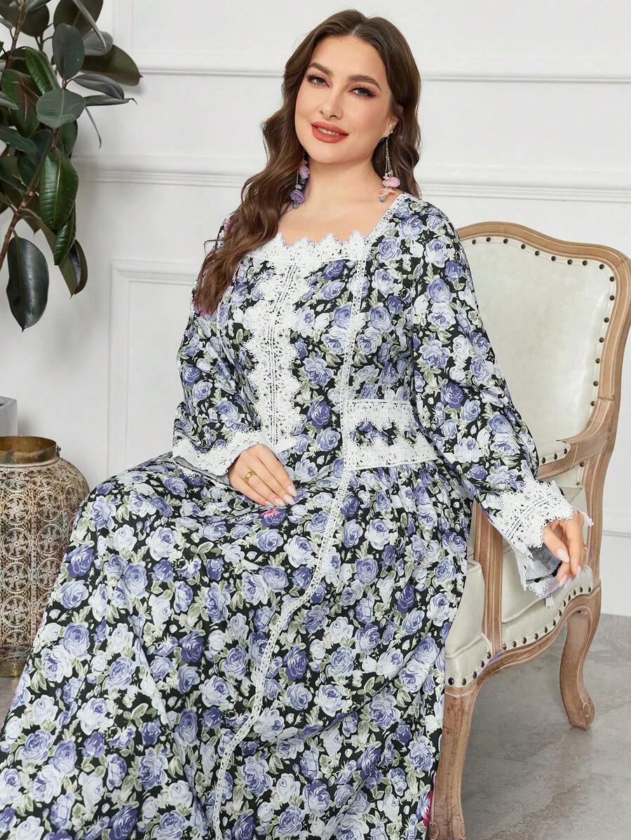 Al Najma Plus Size Long Sleeve Floral Lace Trim Arabic Women Dress,Modest - Purple - View 1