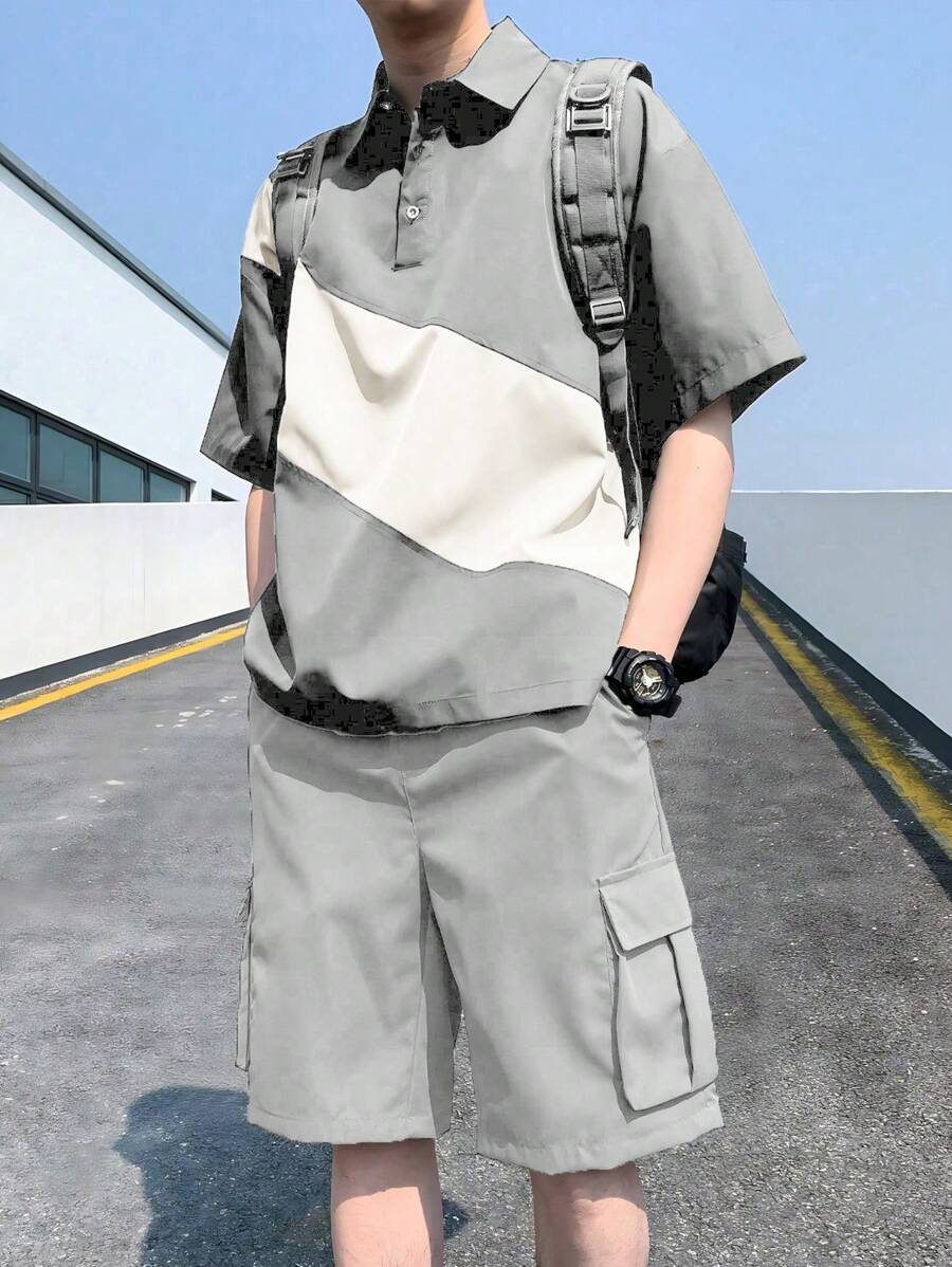 Manfinity Hypemode 2pcs Men's Casual Short Sleeve Polo Shirt And Shorts Set, Minimalist Design Suitable For Summer - Grey - View 1