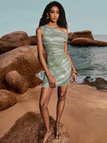 Poéselle 绿色亮片连衣裙，狂欢装，生日女士装，复活节女士连衣裙，女士不对称领口扎染亮片装饰连衣裙