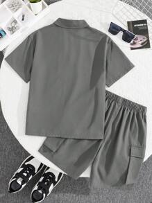 2pcs/Set Kids Tween Boys' Casual Vacation Polo Collar Half-Zip Pullover Shirt & Relaxed Fit Solid Shorts Set