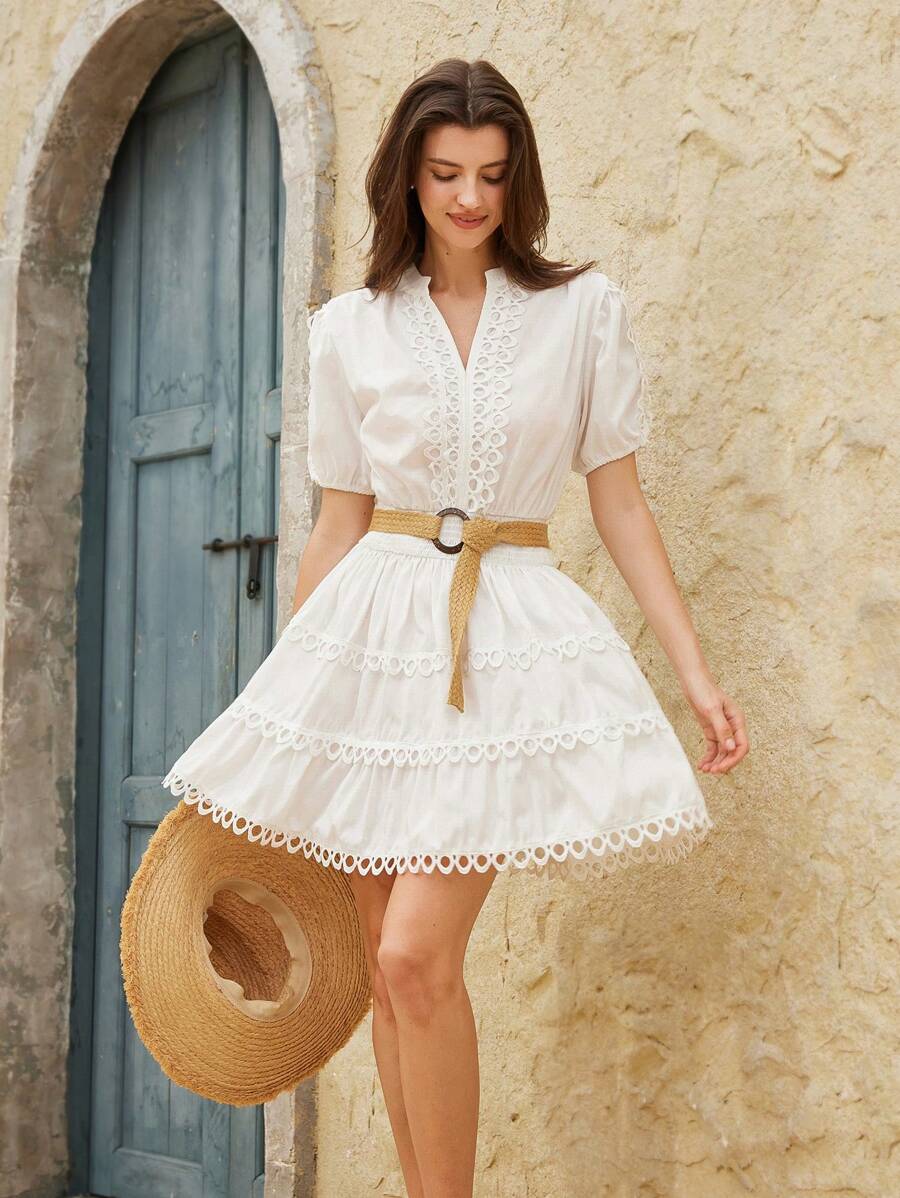 Revavyn V-Neck Floral Lace Splicing Short Sleeve Mini Dress For Women, Summer - White - View 1