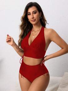 Swim Lushoire Versatile Adjustable Drawstring Bikini Set With High-Waisted Bottoms For Women For Summer Beach Vacation - Red - View 5